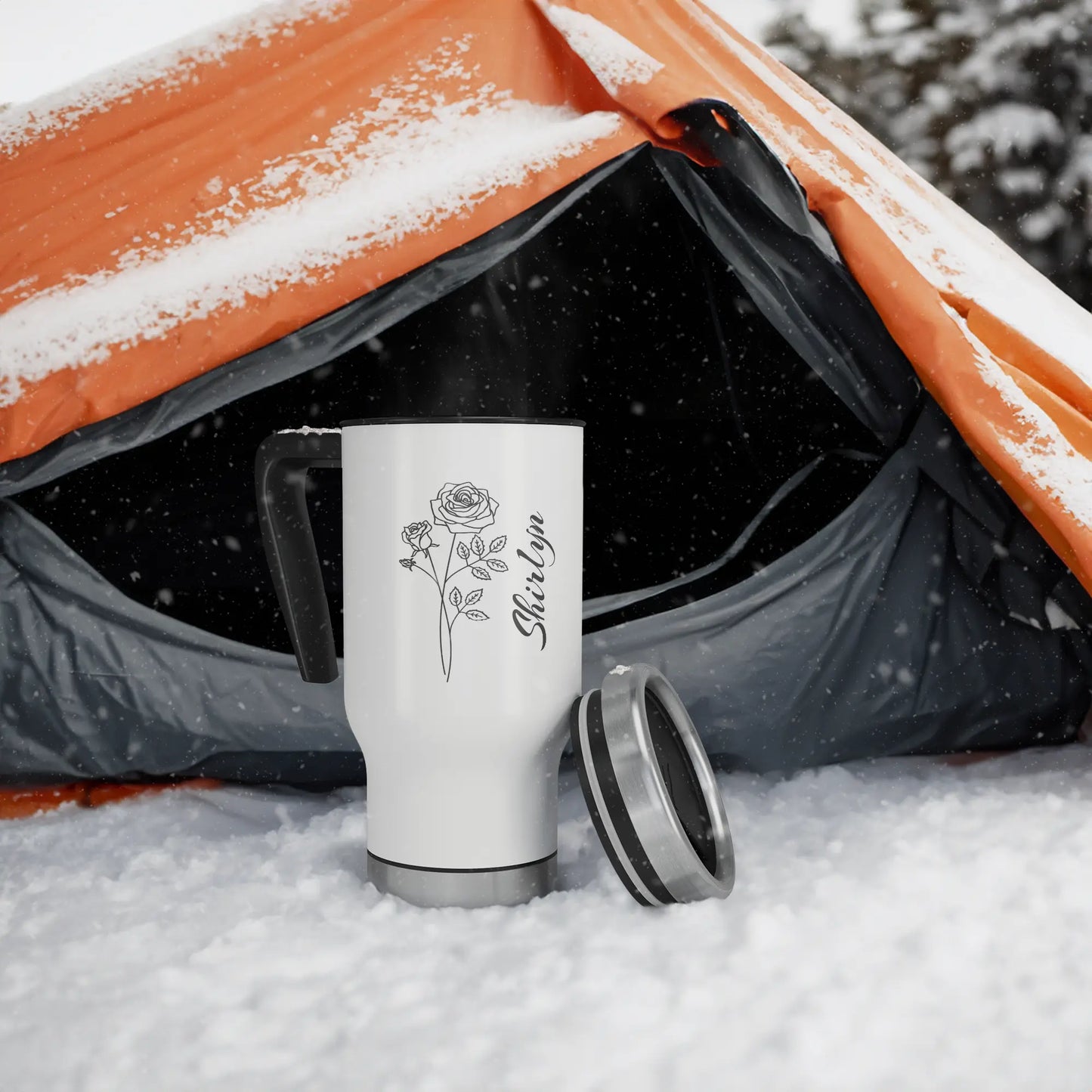 Personalized Birth Flower 14oz Travel Mug with Handle AnywherePOD